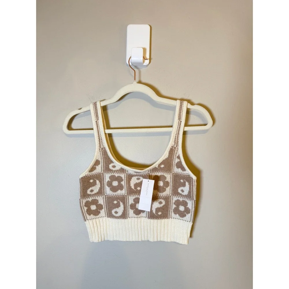 American Eagle • NWT Floral Yin Yang Knit Crop Tank Top Cream Brown Size S - Picture 3 of 10